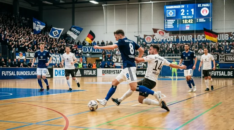 Spielszene aus der Futsal-Bundesliga mit Liga-Logo und Tabelle der Saison 2025/26