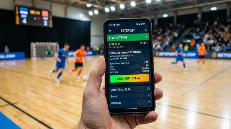Wettschein mit aktiver Cash-Out-Option während eines laufenden Futsalspiels