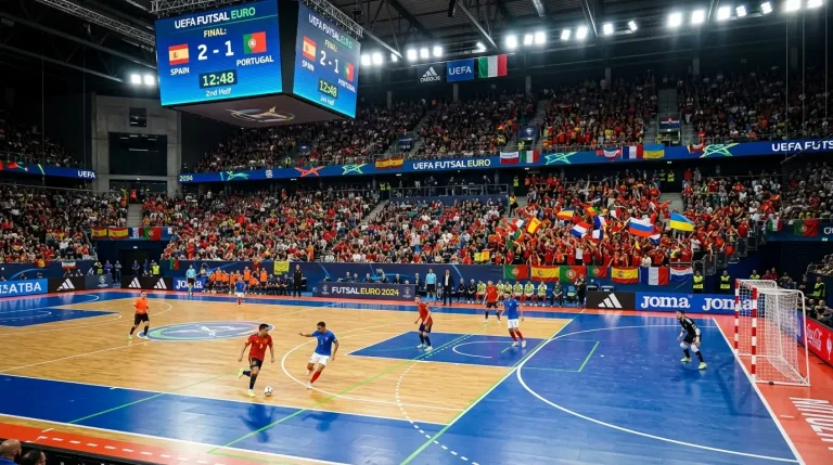 Spielfeld der UEFA Futsal EURO 2026 in Riga mit Turnierbranding und 16 Teilnehmernationen