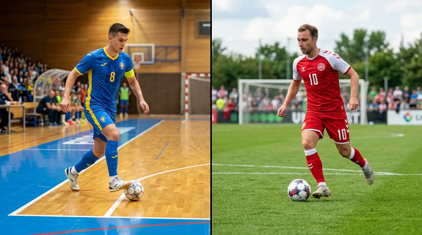 Vergleich Futsal in der Halle und Fußball auf dem Rasen: kleines Hallenfeld gegen großes Rasenfeld