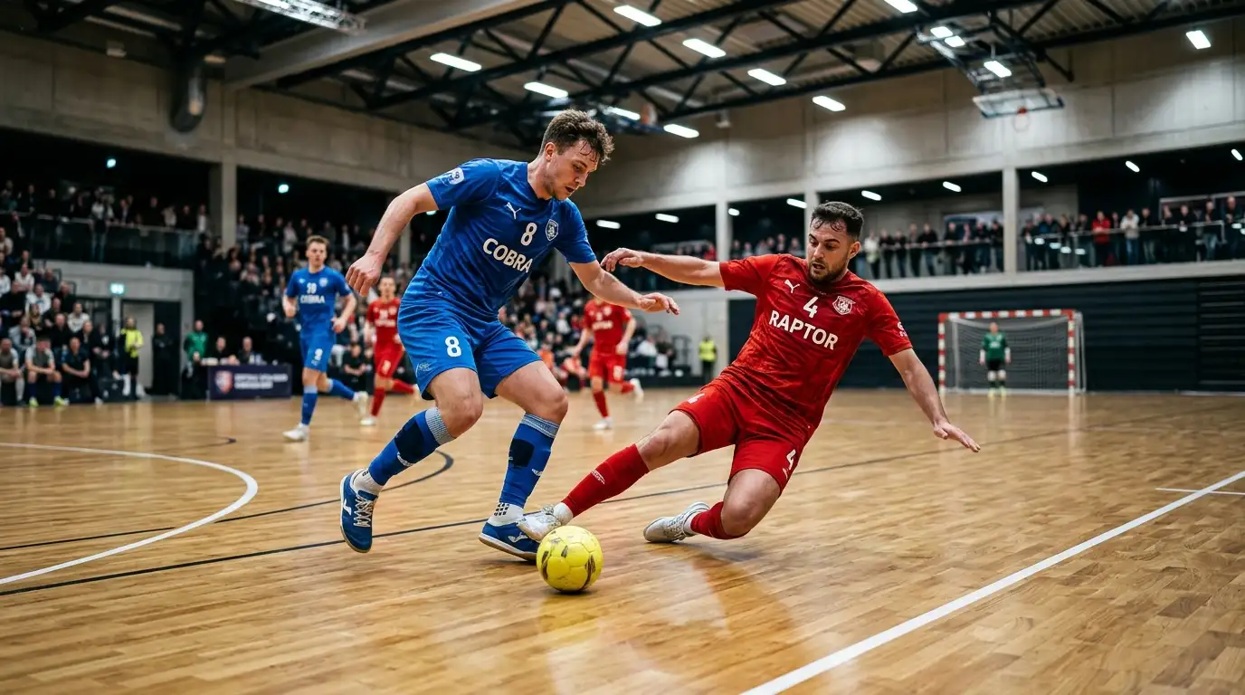 Futsal-Spielszene in der Halle: zwei Teams im schnellen Hallenfußball auf dem Parkett
