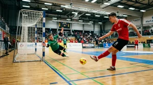 Futsalspieler vor dem Tor mit eingeblendeter Handicap-Vorgabe von minus zwei Toren