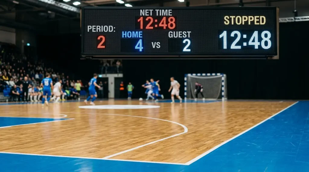 Anzeigetafel eines Futsalspiels mit gestoppter Netto-Spielzeituhr