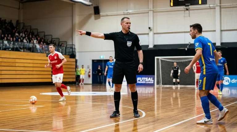 Futsal-Schiedsrichter signalisiert eine Regelentscheidung, daneben eingeblendete Quotenanzeige