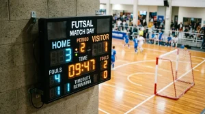 Anzeigetafel mit drei Wettoptionen Heimsieg, Unentschieden und Auswärtssieg vor einem Futsalspiel