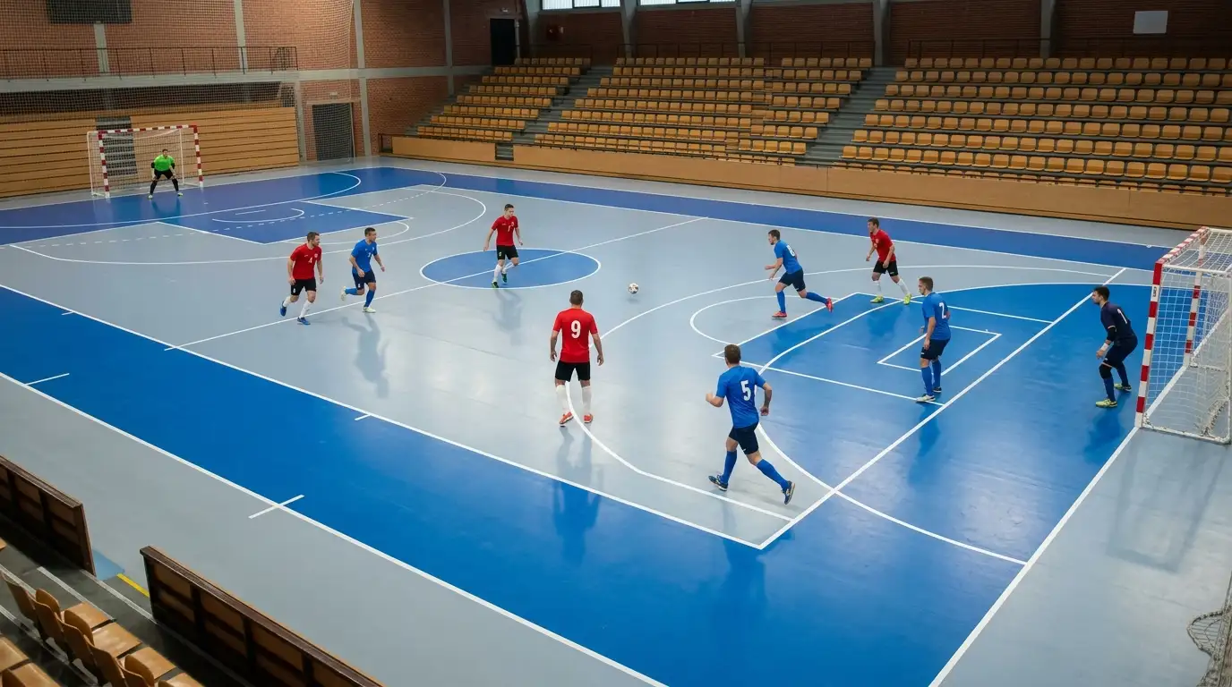 Futsal-Spielfeld in der Halle mit vier Feldspielern und Torwart pro Team beim 5-gegen-5