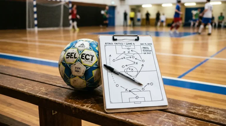 Notizblock mit Checkliste vor einem Futsalspiel, daneben Aufstellung und Quoten