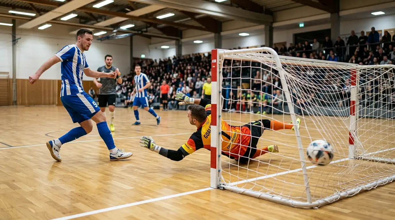 Futsal-Torszene mit Anzeigetafel und einfacher Linie zur Über/Unter-Analyse der Tore pro Spiel
