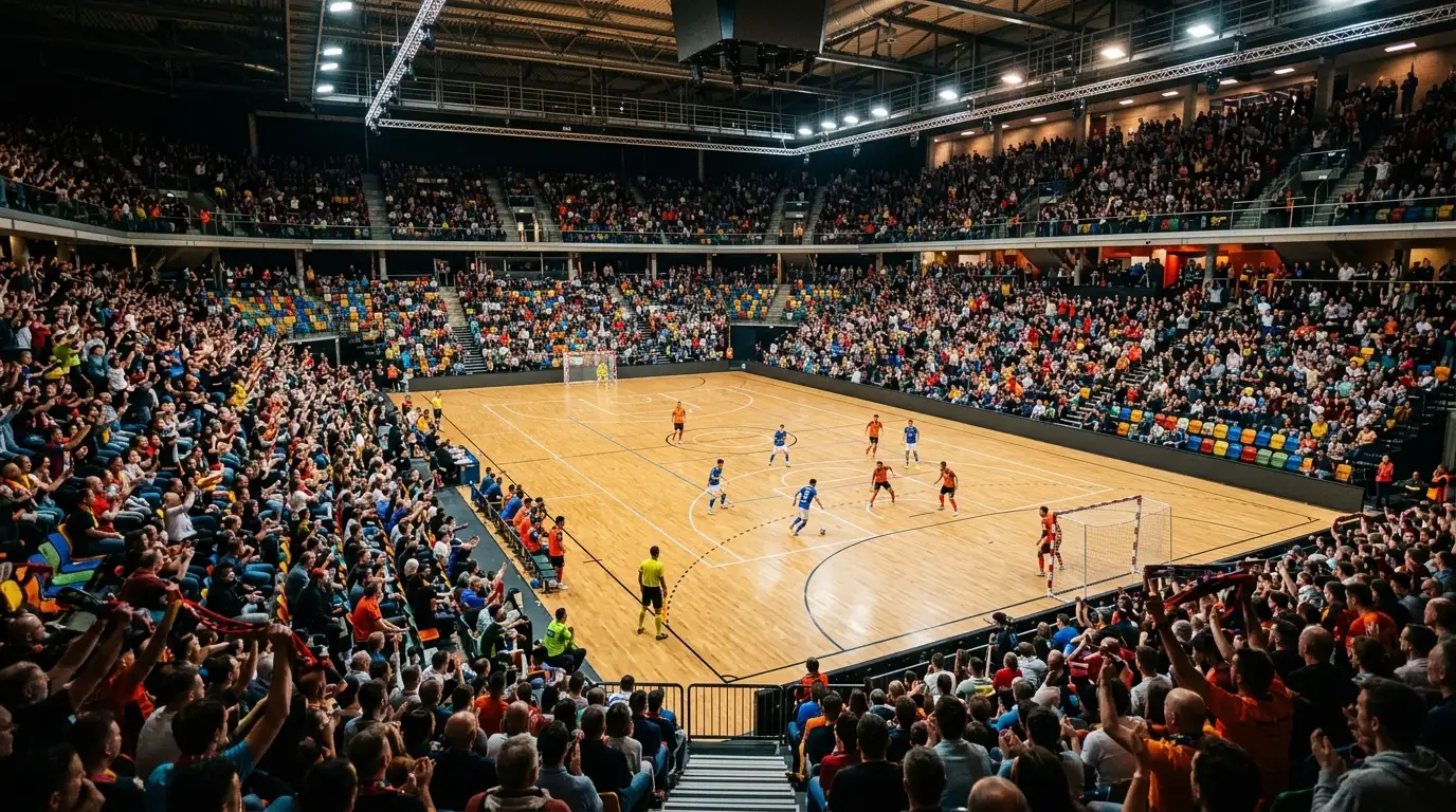 Volle Futsal-Halle bei einem Turnierspiel mit Zuschauern, Symbol für Bundesliga und Futsal EURO 2026