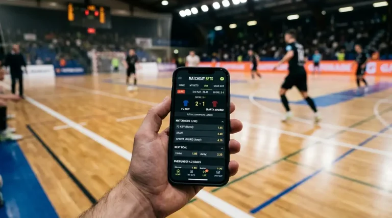 Smartphone mit geöffneter Wett-App und Live-Quoten einer Futsalpartie