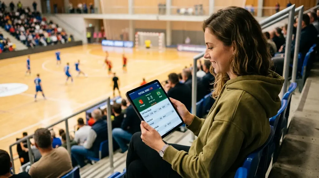 Einsteiger betrachtet eine einfache Futsal-Wettübersicht auf dem Tablet