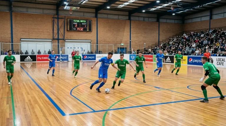 Hallenfußballspiel in einer Sporthalle mit Bandenwerbung und Anzeigetafel