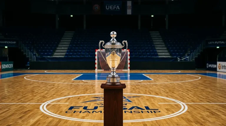 Pokal der UEFA Futsal Champions League vor dem Spielfeld eines Finalturniers